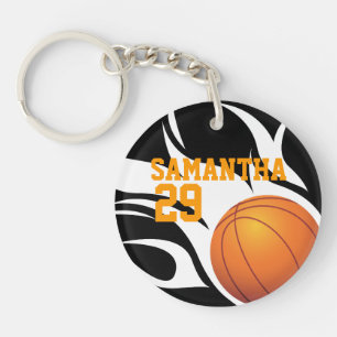 Customisable Flaming Basketball Black and White Key Ring