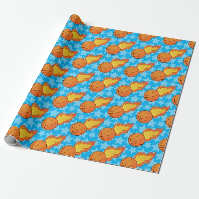 Customisable Flaming Basketball Wrapping Paper (Unrolled)