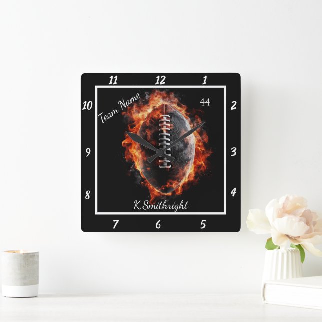 Customisable Flaming Football Team Square Wall Clock (Home)