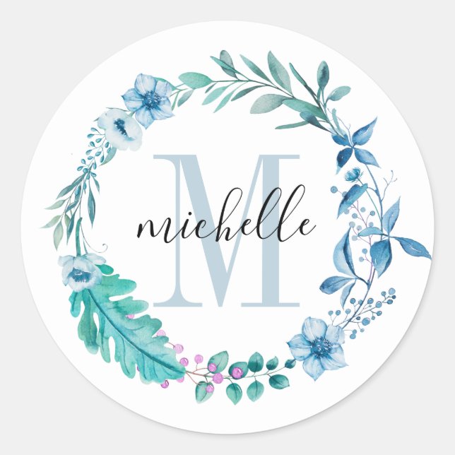 Customisable Floral Monogram Blue Spring Classic Round Sticker (Front)