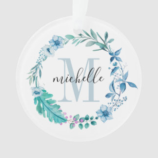 Customisable Floral Monogram Blue Spring Ornament