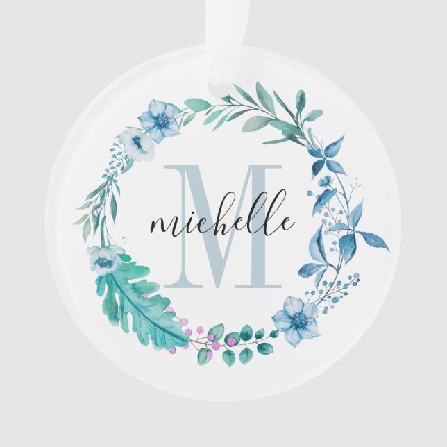 Customisable Floral Monogram Blue Spring Ornament (Front)