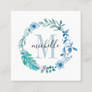 Customisable Floral Monogram Blue Spring Square Business Card
