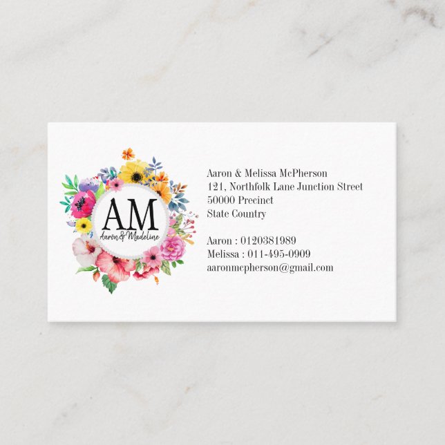 Customisable Floral Monogram Colourful Bouquet Business Card (Front)