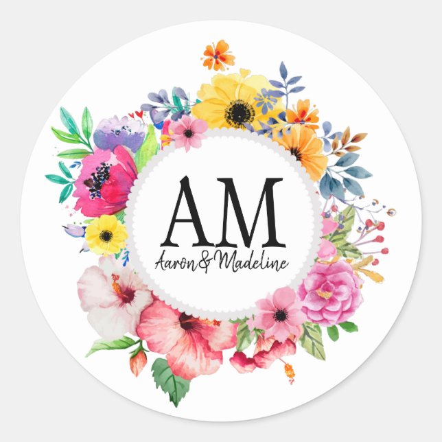 Customisable Floral Monogram Colourful Bouquet Classic Round Sticker (Front)