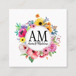 Customisable Floral Monogram Colourful Bouquet Square Business Card