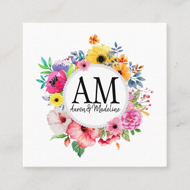 Customisable Floral Monogram Colourful Bouquet Square Business Card (Front)