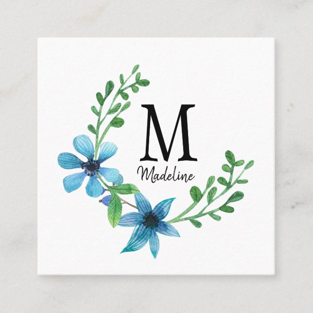 Customisable Floral Monogram Pretty Blue Flowers Square Business Card (Front)