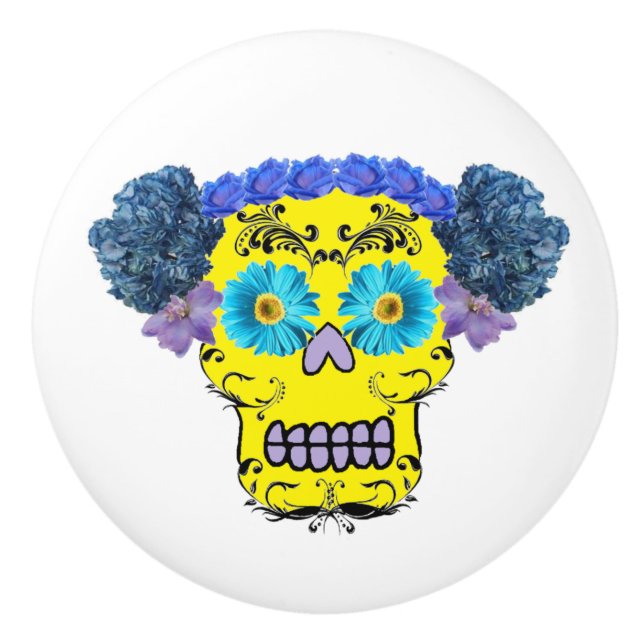 Customisable Floral Sugar Skull Ceramic Knob (Front)