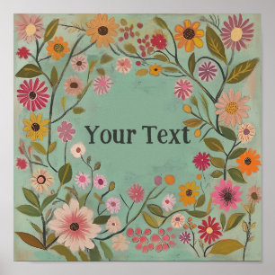 Customisable Folk Art Flowers Poster in Teal