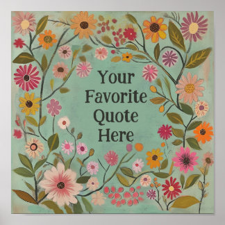 Customisable Folk Art Flowers Poster in Teal