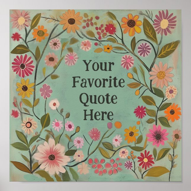Customisable Folk Art Flowers Poster in Teal (Front)