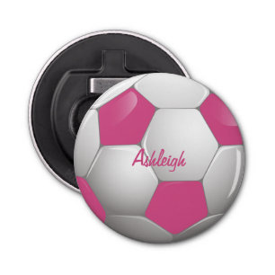 Customisable Football Soccer Ball Pink and White Bottle Opener