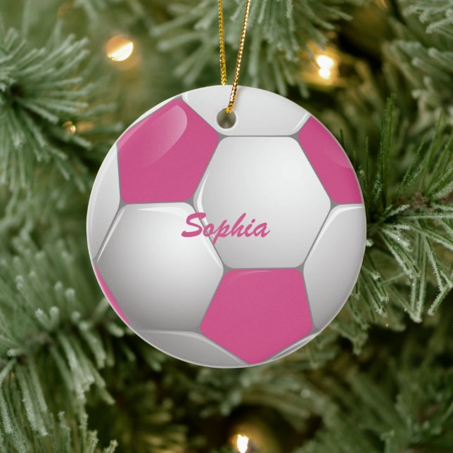 Customisable Football Soccer Ball Pink and White Ceramic Tree Decoration (Tree)