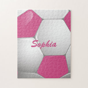 Customisable Football Soccer Ball Pink and White Jigsaw Puzzle