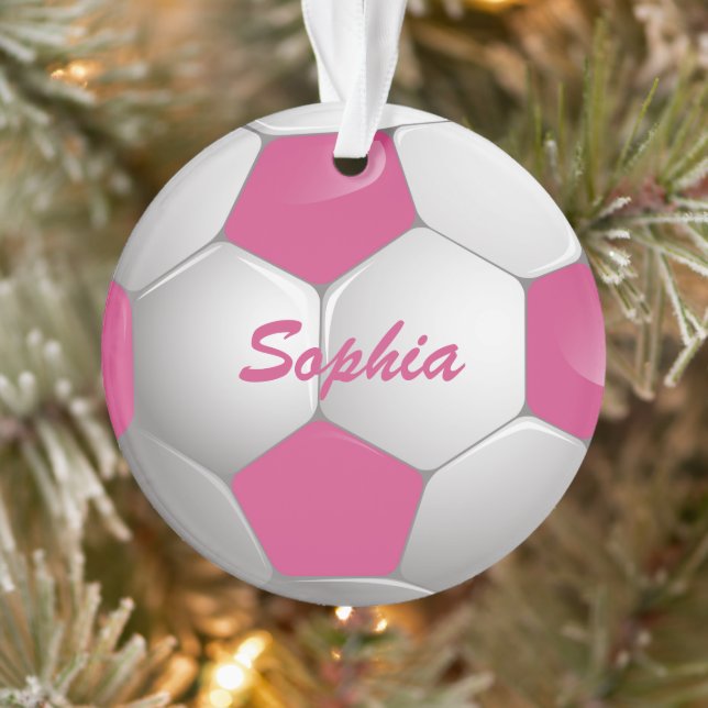 Customisable Football Soccer Ball Pink and White Ornament (Tree)