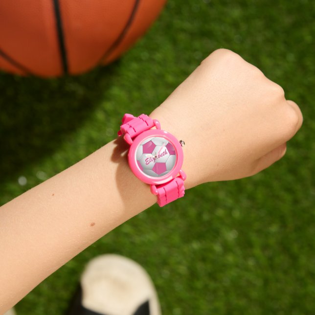Customisable Football Soccer Ball Pink and White Watch (Wrist)