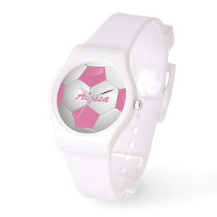 Customisable Football Soccer Ball Pink and White Watch