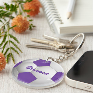 Customisable Football Soccer Ball Purple and White Key Ring