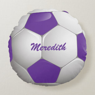 Customisable Football Soccer Ball Purple and White Round Cushion