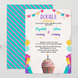  Customisable & Fun Colourful Kids Double  Birthda Invitation