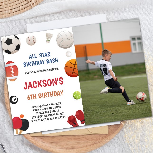 Customisable Fun Party Invitations for Kids (White Background Sports Invitations with photo)