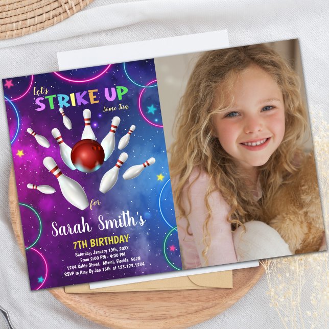 Customisable Fun Party Invitations for Kids (Rainbow Bowling Birthday Invitations w photo)
