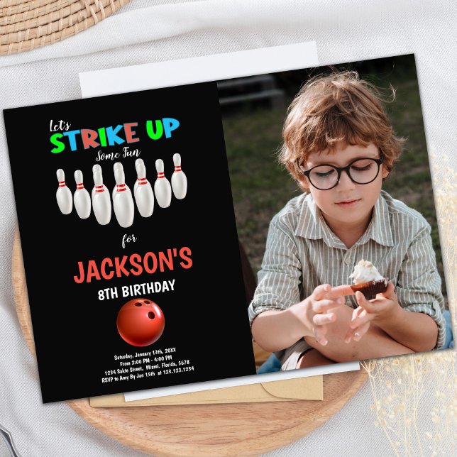 Customisable Fun Party Invitations for Kids (Black Background Bowling Birthday Invitations phot)