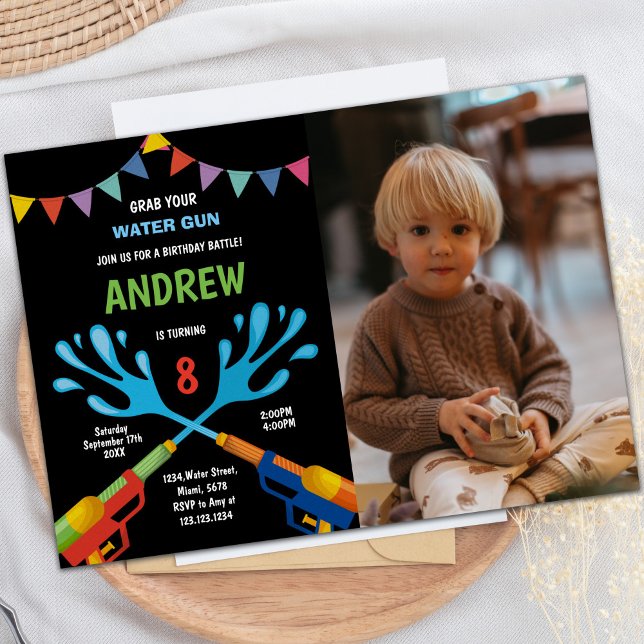 Customisable Fun Party Invitations for Kids (Blue Red Water Gun Invitations with photo)