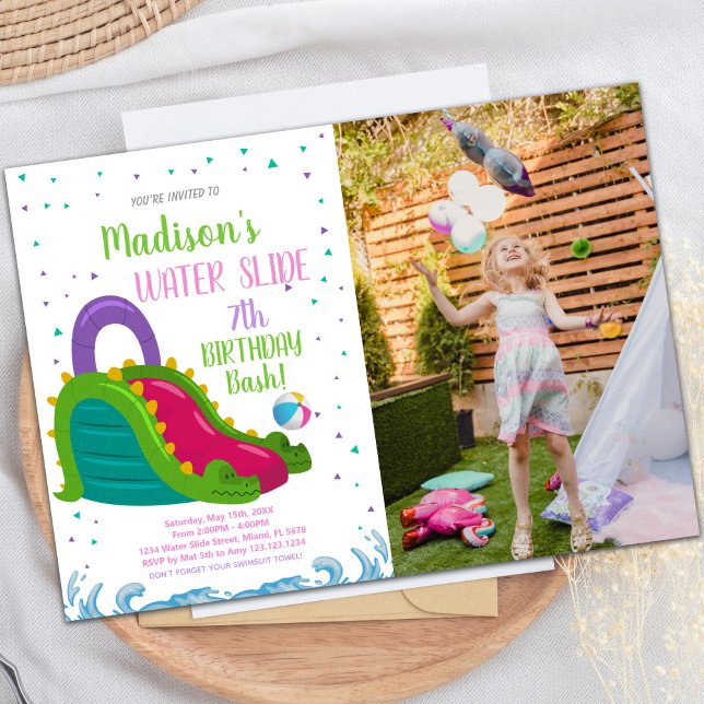 Customisable Fun Party Invitations for Kids (Green Pink Water Slide Birthday Invitations photo)