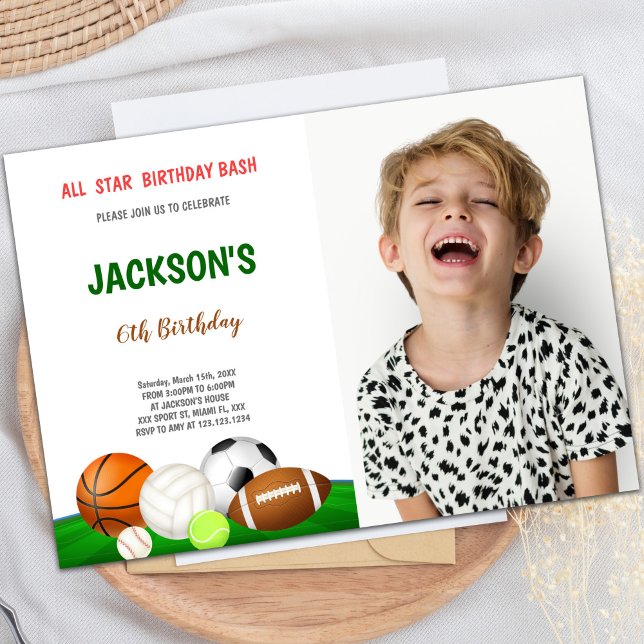 Customisable Fun Party Invitations for Kids (All Star Bash Sports Birthday Invitations w photo)