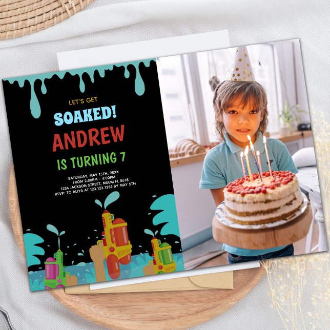 Customisable Fun Party Invitations for Kids (Black Water Gun Birthday Invitations with photo)