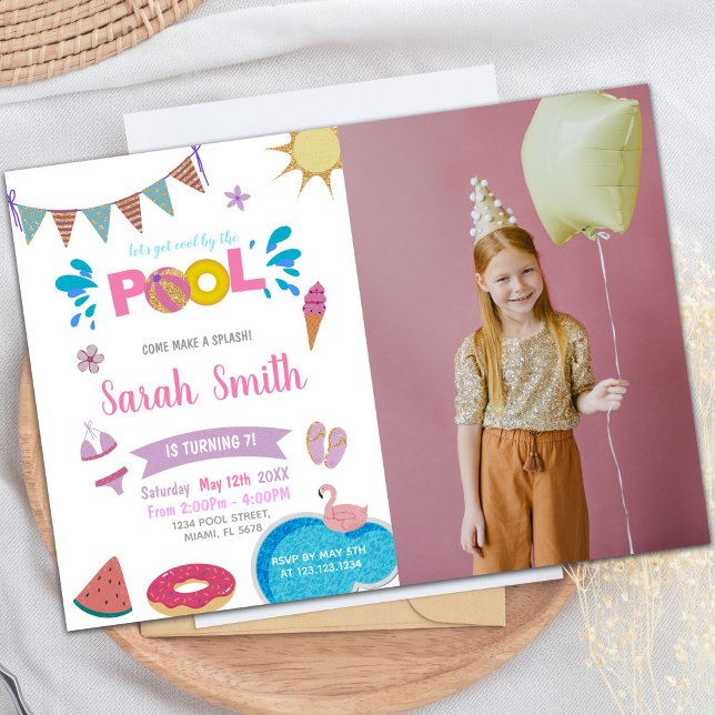 Customisable Fun Party Invitations for Kids (Unicorn Donut Pink Pool Birthday Invitations photo)