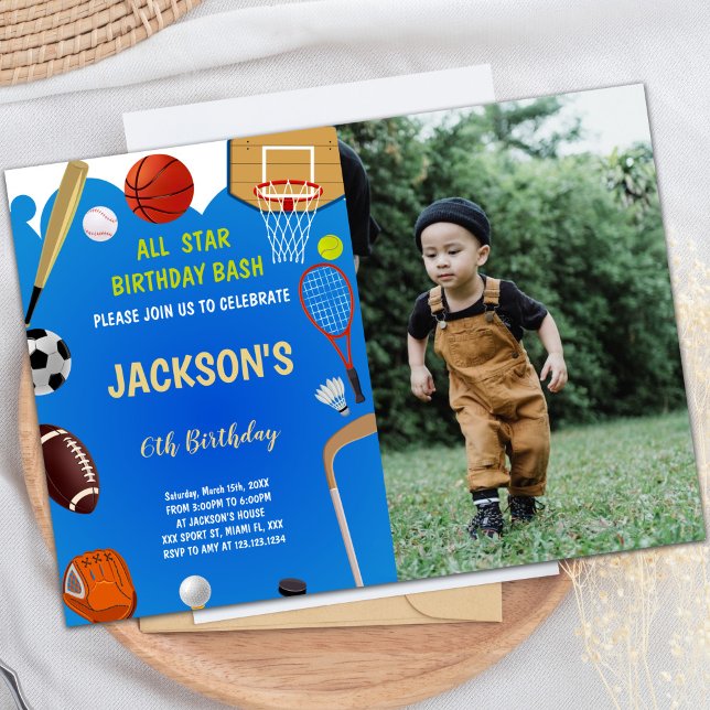 Customisable Fun Party Invitations for Kids (Blue Background Sports Birthday Invitations photo)
