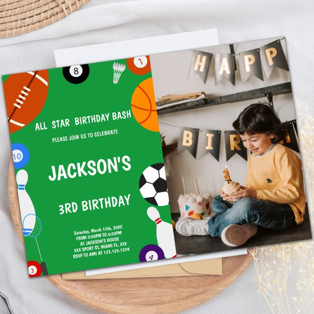 Customisable Fun Party Invitations for Kids (Green Sports Birthday Invitations with photo)