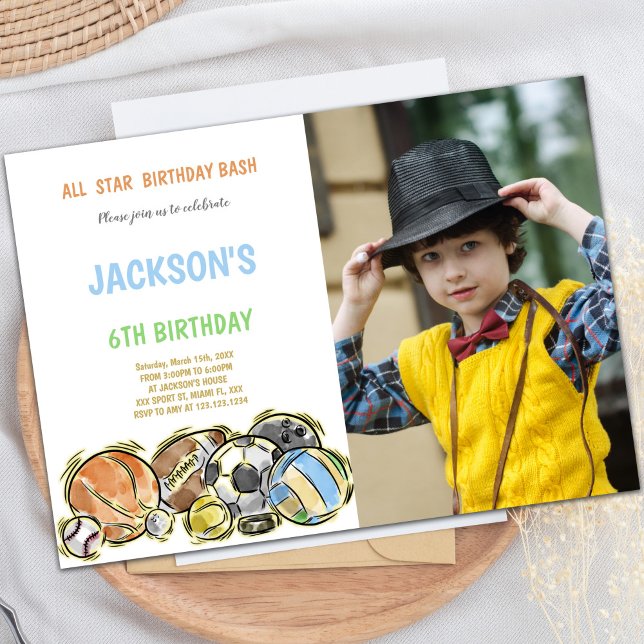 Customisable Fun Party Invitations for Kids (Watercolor shake Sports Birthday Invitations photo)