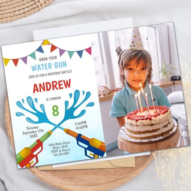 Customisable Fun Party Invitations for Kids (Red Blue Water Gun Invitations with photo)