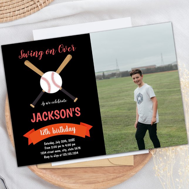 Customisable Fun Party Invitations for Kids (Red Baseball Birthday Invitations with photo)
