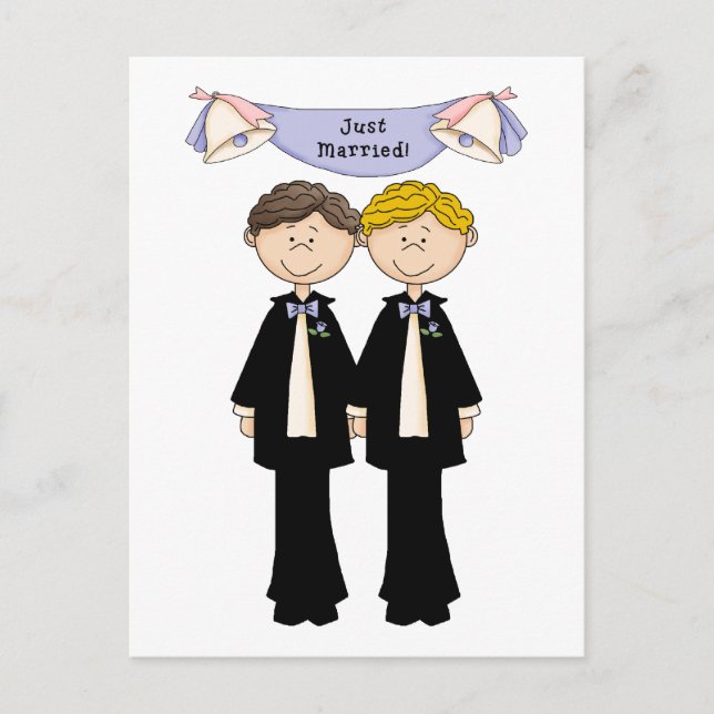 Customisable Gay Male Just Married Wedding Announcement Postcard (Front)