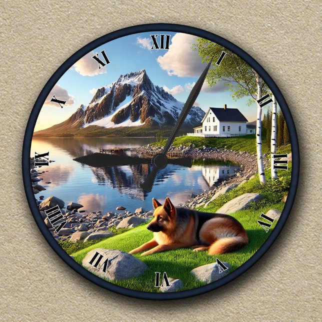 Customisable German Shepherd Lakeside Landscape Round Clock (Creator Uploaded)