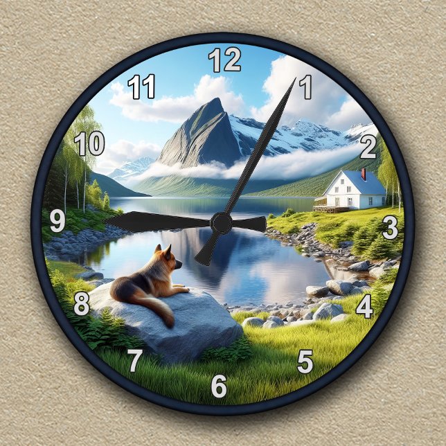Customisable German Shepherd Lakeside Landscape Round Clock (Creator Uploaded)
