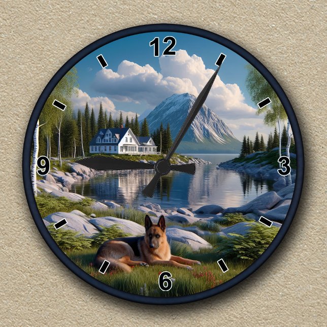 Customisable German Shepherd Lakeside Landscape Round Clock (Creator Uploaded)