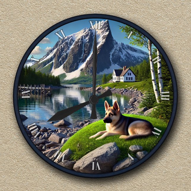 Customisable German Shepherd Lakeside Landscape Round Clock (Creator Uploaded)