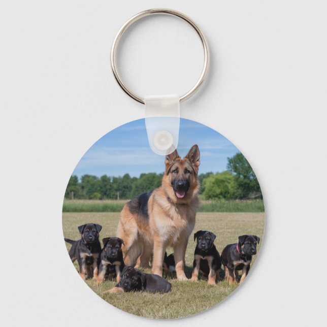 Customisable German Shepherd with Adorable Puppies Key Ring (Front)