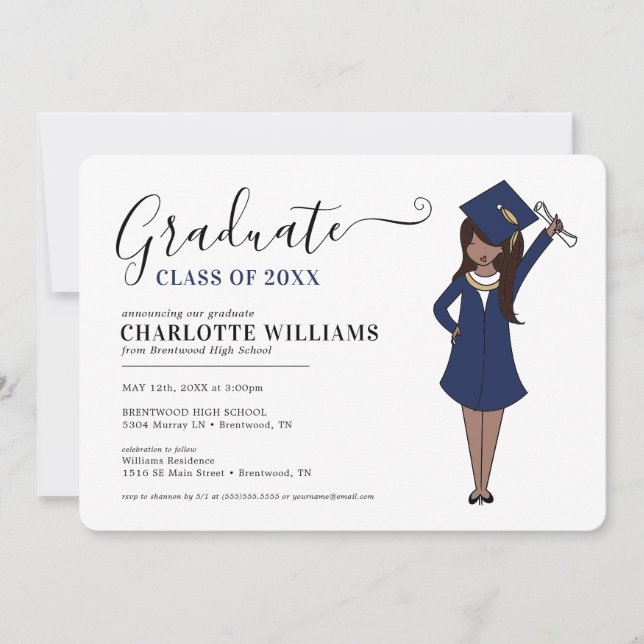 Customisable Girl Avatar | High School Graduation Invitation (Front)