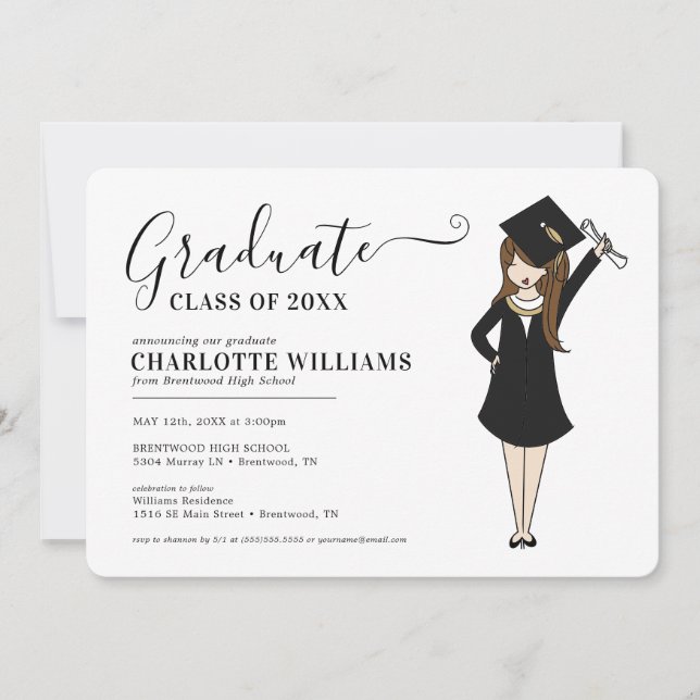 Customisable Girl Avatar | High School Graduation Invitation (Front)