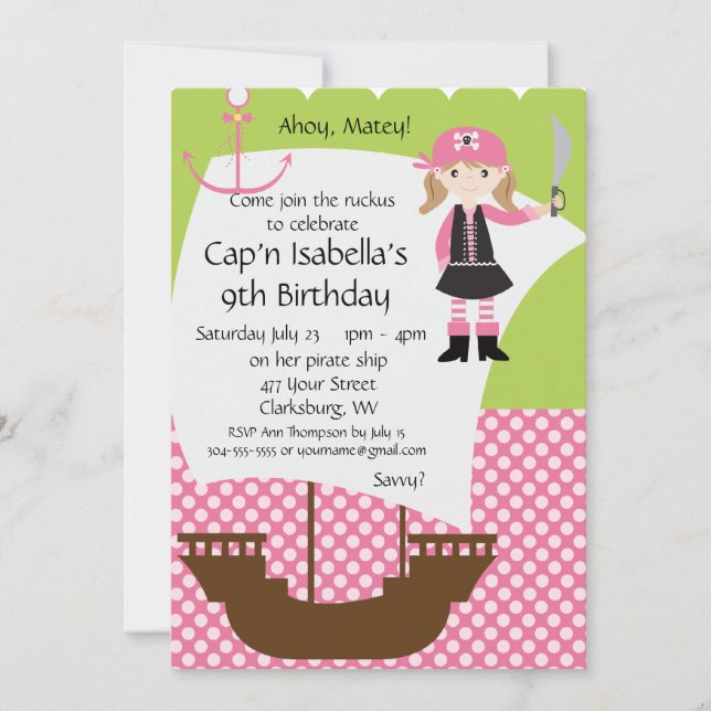 Customisable Girl Pirate Ship Birthday Party Invitation (Front)