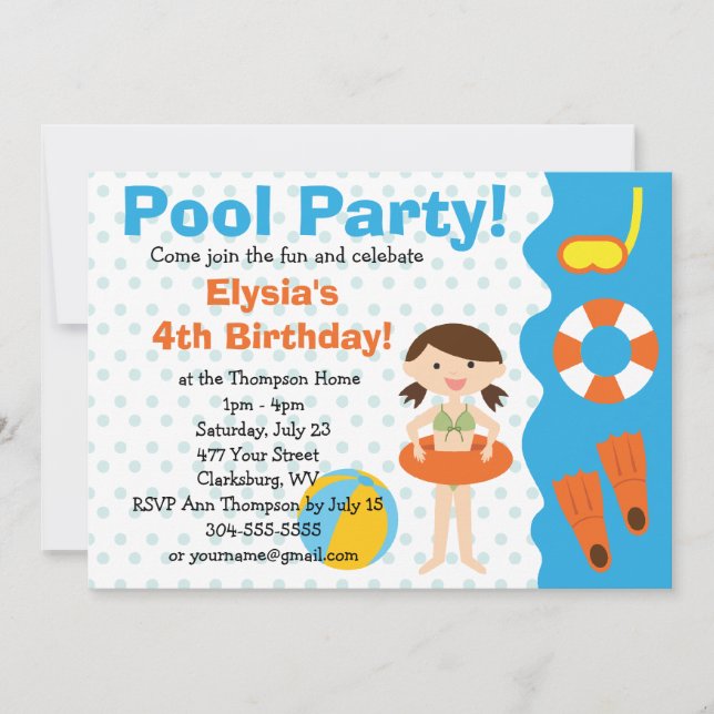 Customisable Girl Pool Party Birthday Invitation (Front)