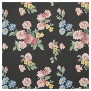 Customisable Girly Pastel Floral, Black Background Fabric