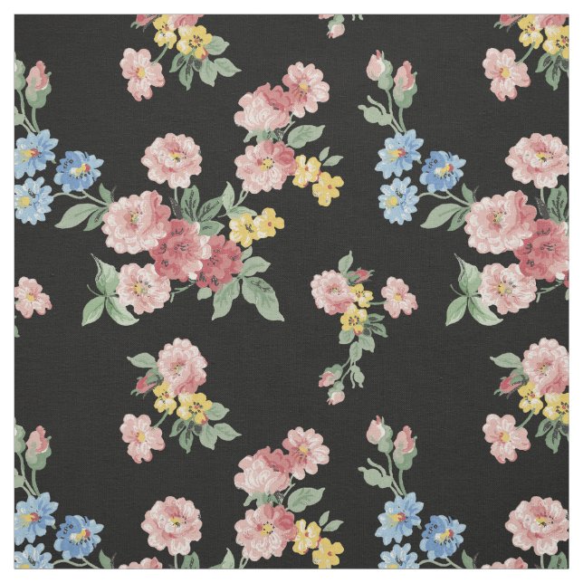 Customisable Girly Pastel Floral, Black Background Fabric (Swatch)